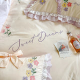 Triogift  100% Cotton Korean Princess White Bedding Sets Ruffle Bedspread Flower Embroidery Duvet Cover Bed Skirt Pillowcases Home Textile