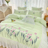 Triogift Lace Ruffles Bedding Set Luxury Cotton Flower Embroidery Bedclothes Girls Full Size Quilt Cover Sets Queen King Bed Linen Sets