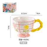 Triogift  -  1pc 450ml Ceramic Hand-painted Embossed Breakfast Mugs Large Capacity Oatmeal Cups Cute Creative Milk Cups Coffee Cups Gifts