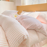 Triogift Princess Pink Seersucker Bedding Set INS Stripe Duvet Cover Solid Color Bed Linen Sheet For Girls Single Double Queen Bedclothes