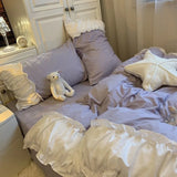 Triogift Korea Princess Purple Bedding Sets Bed Sheet Pillowcases Duvet Cover 3/4 Pieces Home Decoration Washed Cotton Flat Sheet Set