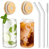 Triogift  -  1/2/4pcs Drinking Glasses With Bamboo Lids And Glass Straw Set 16oz Can Shaped Glass Cups Beer Iced Coffee Glasses Tumbler Cup