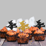 Triogift 12Pcs Halloween Collection Of Gold And Black Witches Riding On Broomsticks Cupcake Topper Birthday Cake Decor Halloween Supplies