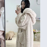 Triogift  Pocket Robe for Women Sleepwear Winter Nightdress Night Wears Warm Fleece Pajama One Piece Nightgown Hooded Sleeping Homewear