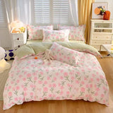 Triogift  Cute Pink Strawberry Duvet Cover Flat Sheet Pillowcase Floral Bedding Set Girls Bed Linen Soft Thick Washed Cotton Bedclothes