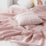 Triogift 100% Cotton Soft Bed Plaid Home Japenese Knitted Blanket Corn Grain Waffle Embossed Summer Ruffles Warm Plaid Throw Bedspread