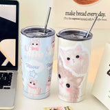 Triogift  -  Kawaii Cat Thermos Cups Tumbler For Hot Cold Coffee Tea Cute 550ml Sainless Steel With Straw Insulated Thermal Cup Water Bottle