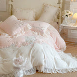 Triogift  French Romantic Bedding Set Luxury Flower Embroidery Princess Pink Ruffle Milk Velvet Quilt Duvet Cover Bed Sheet Set Bedclothes