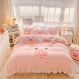 Triogift Korean Princess Fengshui Washed Cotton Pure Four-piece Lace Quilt Cover Cartoon Bed Three-piece Set