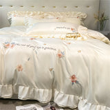 Triogift Flower Embroidery Lace Ruffles Bedding Set Skin-friendly Washed Cotton Princess Style Wedding Duvet Cover Bed Sheet Pillowcases