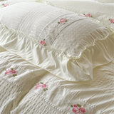 Triogift Korean Style Bed Set Seersucker Flower Embroidery Four Piece Set With Lace Bed Flat Sheet Pillowcase Duvet Cover Set Textiles