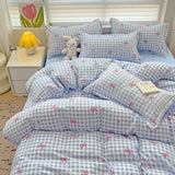 Triogift Ins Princess Blue Grid Duvet Cover with Bowknot Pillowcase Bed Sheet Kids Girls Bedding Set Full Size Cute Kawaii Bedclothes