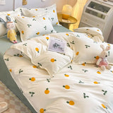 Triogift Ins Style Duvet Cover Set with Flat Sheet Pillowcases Cute Orange Cherry Crow Printed Single Double Queen Size Girls Bedding Kit