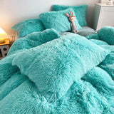 Triogift 3Pcs Fluffy Black Plush Shaggy Duvet Cover +2Pcs Pillowcases Zipper Bedding set Soft Velvet