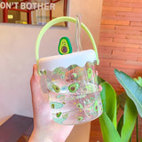 Triogift  -  Kawaii Strawberry Peach Glass Cup For Coffee Water Juice Milk Tea Creative Fruit Portable Glass Cups With Lid Straw Scale Handle