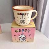 Triogift  -  Kawaii Puppy Korean Coffee Cup Mug Cute Water Ceramic Handmad Milk Tea Water Juice Mocha Lover Breakfast Cup Birthday Gift 300ml