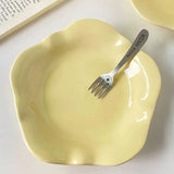 Triogift  Korean Ins Ceramic Charger Plates Cute Yellow Dinner Plates Kawaii Egg Flower Dessert Plate Kitchen Cafe Lace Bread Dishes Gift