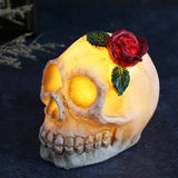 Triogift  Halloween Luminous Resin Skull Head LED Terror Skull Decoration Prop Skeleton Head with Rose Flower Halloween Decoration