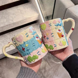 Triogift  -  Korean Ins Niche Design Ceramic Water Cup Cartoon Cute Hand-painted Patch Plaid Mug Heat-resistant Home Milk Cup with Handle