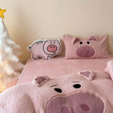 Triogift  Pink Cartoon Pig Towel Embroidery Bedding Set Warm Thick Winter Duvet Cover Linen Fitted Sheet Pillowcases Gifts For Children