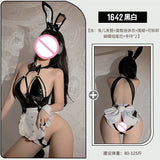 Triogift  Bunny Girl Sexy Lingerie Open Cup Leather Bodysuit Backless Hollow Butt Bow Jumpsuit Open Crotch Catsuits Maid Roleplay Clubwear