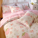 Triogift  Cute Pink Strawberry Duvet Cover Flat Sheet Pillowcase Floral Bedding Set Girls Bed Linen Soft Thick Washed Cotton Bedclothes