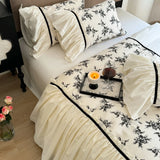 Triogift Rose Flowers Printing Bedding Set Luxury 100% Cotton Beige Princess Ruffles Duvet/Quilt Cover Bed Sheet Pillowcases Home Textile