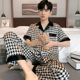 Triogift  Design Houndstooth Pajama Men Ice Silk Pyjama Set Youth Home Wear Teenager Night Clothes Long Sleeve Suit Sleepwear-Set Male