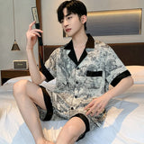 Triogift  High Quality Fashion Design Ink Pajamas Suit Men Ice Silk Thin Summer Short Sleeved Satin Home Clothing Loose Sleepwear Set Male