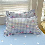 Triogift Ins Princess Blue Grid Duvet Cover with Bowknot Pillowcase Bed Sheet Kids Girls Bedding Set Full Size Cute Kawaii Bedclothes