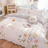 Triogift  white pastoral style flowers Embroidered Ruffle Cotton Bedding Set Duvet Cover Bed Linen Fitted Sheet Pillowcases Home textiles