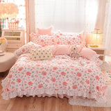 Triogift Ins Fashion Solid Bedding Set with Fitted Bed Sheet Cute Princess AB Double Sided Ruffle Quilt Cover Pillowcase Queen King Size