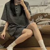 Triogift Striped Women Pajamas Sets for Home Summer Button Sleepwear Shorts Sleeve Bow 2 Pieces Night Wears Korean Casual Home Suit