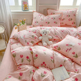 Triogift Pink Tulip Double Layer Yarn Quilt Cover Bed Sheet Pillowcase Twin Queen Size Bedding Set Girls Women Duvet Cover Set No Filler