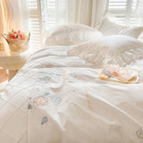 Triogift  Ruffle Trim White Flower Embroidery Cotton Bedding Set Duvet Cover Linen Fitted Sheet Pillowcases Home Textile