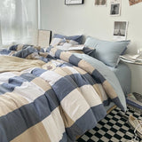 Triogift  Bed Linen Washed Cotton Striped Grid Minimalist Bedding Sheet Set Comforter Sets Queen Duvet Cover Double For Boys And Girls