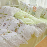 Triogift  INS Princess Style Flower Bedding Set Duvet Cover With Ruffle Lace Bed Sheet Pillowcases Kawaii Girl Woman Bedroom Home Textiles