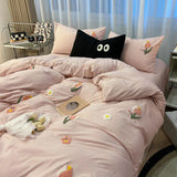 Triogift Ins Solid Pink Tulip Bedding Set Embroidery Duvet Cover Soft Queen Full Twin Size Bed Flat Sheet Quilt Cover Pillowcase Kawaii