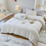 Triogift Cute Bear Embroidery Bedding Set Lovely Cartoon Sheep Single Double Duvet Cover Set Soft Skin Friendly Quilt Cover Pillowcase