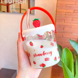 Triogift  -  Kawaii Strawberry Peach Glass Cup For Coffee Water Juice Milk Tea Creative Fruit Portable Glass Cups With Lid Straw Scale Handle