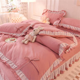 Triogift Purple Bedding Sets Kawaii Seersucker Bed Sheet Pillowcase Fashion Girls Princess Duvet Cover Set 4 Pieces Cute Home Decoration