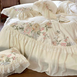 Triogift  1200TC Egyptian Cotton Romantic French Wedding Bedding Set Lace Ruffles Flower Embroidery Duvet Cover Set Bed Sheet Pillowcases