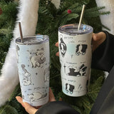 Triogift  -  Cute Cat Tumbler Thermal Cup For Coffee Tea Beer Juice 550ml Kawaii Sainless Steel Thermos With Straw Car Cup Water Bottle Gift