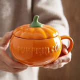 Triogift 300/450ML Halloween Pumpkin Shaped Ceramic Cup With Spoon Kawaii Soup Mug With Lid  Oatmeal Cup Creative Water Cup