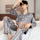 Triogift  Men's Pajama Summer Long-sleeved Ice Silk New High Quality Stain Sleepwear Suit Home Clothes Male Night Wear Pyjamas Gentlemen