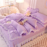 Triogift Purple Bedding Sets Kawaii Seersucker Bed Sheet Pillowcase Fashion Girls Princess Duvet Cover Set 4 Pieces Cute Home Decoration