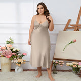 Triogift  Large size Women Sleepwear Summer Homewear Solid Satin Seemless Midi Nightdress Plus Size Spaghetti Strap Nightgown 60-75kg