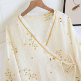 Triogift 2024 Spring Crepe Kimono Long Sleeve Home Clothes Female Sleepwear Gauze Cotton V-Neck Home Suit Women's Pajama