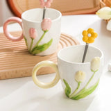 Triogift  -  1pc Tulip Flower Ceramic Mug 3D Design Creative Relief Girl Heart Coffee Cup Birthday Mothers Day Gift for Her Afternoon Tea Cup