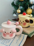 Triogift  -  Cartoon Cute Piggy Mug Stereo Puppy Ears Milk Cup with Fresh Ins Style Office Lid Spoon Ceramic Coffee Cup